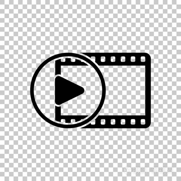 电影带与播放符号在圆圈. 简单的剪影. 透明背景下的黑色符号