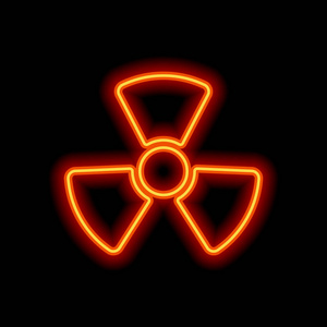 放射性图标. 黑色背景上的橙色霓虹灯风格. 灯图标照片
