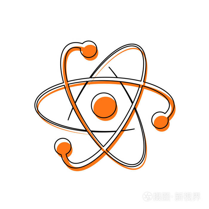 科学原子符号标志简单图标由黑色薄轮廓和橙色组成的孤立图标在不同的
