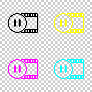 带有圆圈暂停符号的电影条。简单的剪影。透明背景上彩色CMYK图标