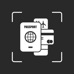 护照票信用卡。 航空旅行概念。 相机中的白色物体自动聚焦在黑暗背景上
