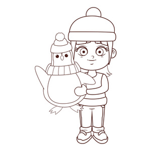 女孩与冬天衣服举行企鹅动画片