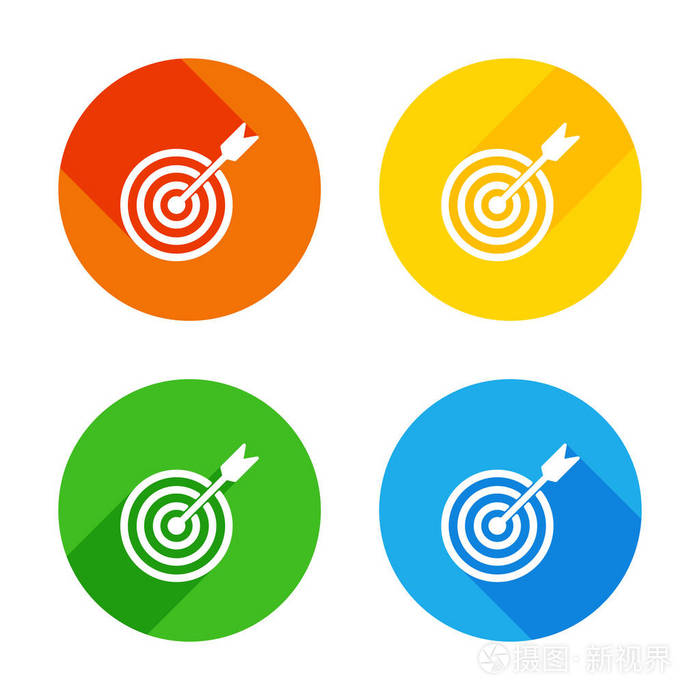 目标图标.彩色圆圈背景上的平面白色图标.每个角落有四个不同的长阴影