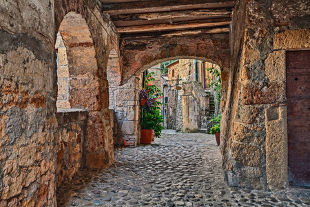 意大利托斯卡纳，格罗斯托，索拉诺风景如画的狭窄小巷，地下通道，中世纪村庄的古老房屋植物和鲜花