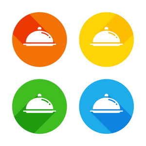 餐厅餐盘或托盘。餐厅图标。彩色圆圈背景上的平面白色图标。每个角落有四个不同的长阴影