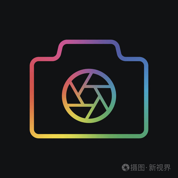 带快门的摄影相机线条符号带细轮廓简单图标彩虹色和深色背景