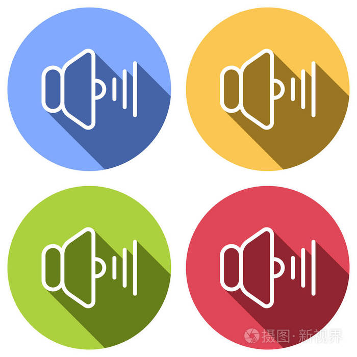 音量最大图标一组白色图标蓝色橙色绿色和红色圆圈上有长阴影贴纸样式
