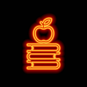 苹果书上的图标。知识标志。黑色背景上的橙色霓虹灯风格。灯光图标