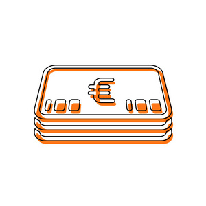 一包欧元货币或代金券。商业图标。由黑色薄轮廓和橙色在不同层上移动填充组成的孤立图标。白色背景