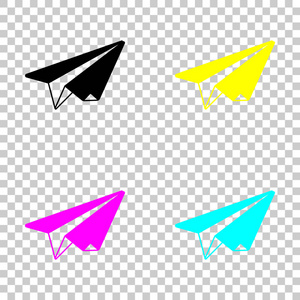 纸飞机。折纸滑翔机。透明背景上彩色CMYK图标