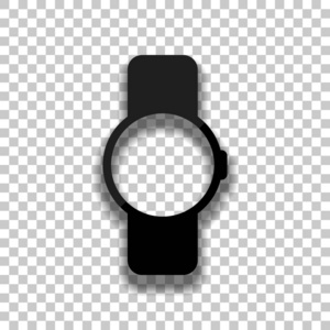 手动智能手表与圆形显示。技术图标。透明背景下带有软阴影的黑色玻璃图标