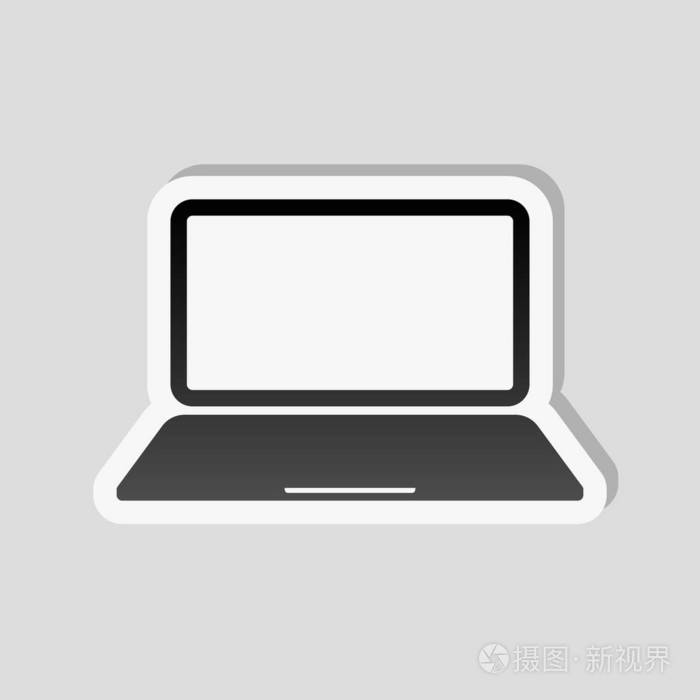 笔记本电脑或笔记本电脑图标白色边框和灰色背景的简单阴影的贴纸风格