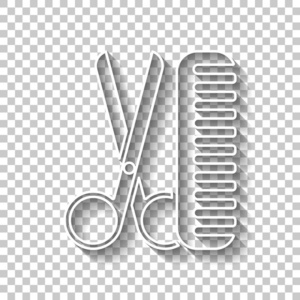 剪刀和梳子。 理发器的工具。 白色轮廓标志，阴影透明背景