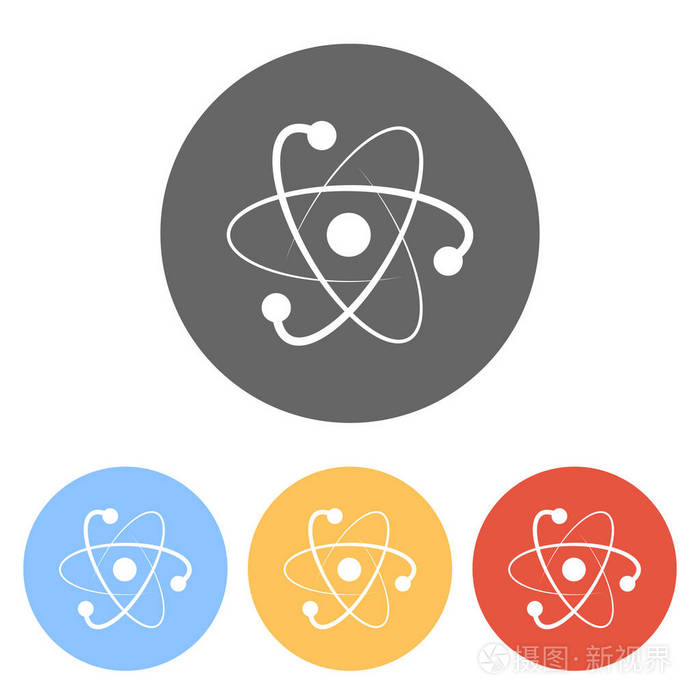 科学原子符号标志简单图标. 彩色圆圈上的一组白色图标
