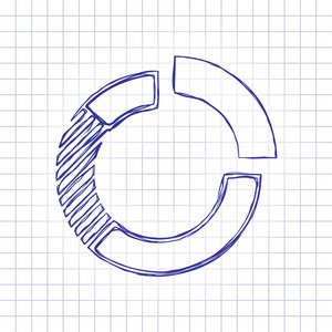 商业饼图图标。 手绘纸上的图片。 蓝色墨水轮廓素描风格。 格子背景上的涂鸦