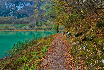 美丽而多彩的坦诺湖在欧罗巴。 秋天，绿松石湖被群山环绕