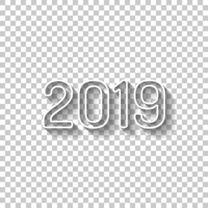 2019年数字图标。 新年快乐。 白色轮廓标志，阴影透明背景