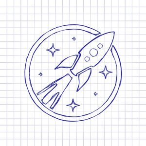 火箭发射与恒星在圆圈图标. 手绘纸上的图片. 蓝色墨水轮廓素描风格.