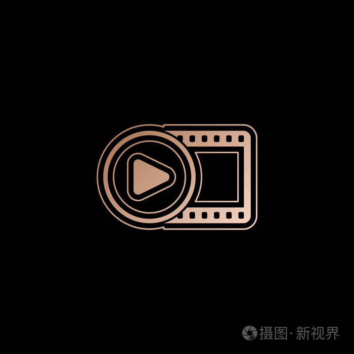 电影带与播放符号在圆圈简单的剪影黑色背景的红色金色风格