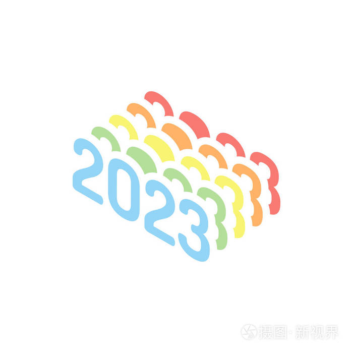 2023年数字图标新年快乐白色背景上的彩色等距图标堆叠