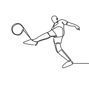 一行足球运动员矢量插图与极简的连续绘图风格。 一个人踢一个孤立在白色背景上的球。