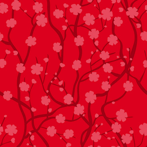 有花的樱花树。 无限卷曲的树枝。 东方风格。 红色背景无缝图案
