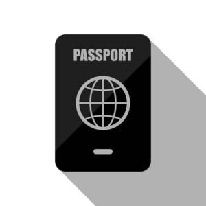 护照简单图标。 黑色物体，白色背景有长阴影