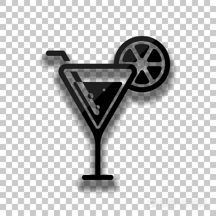 鸡尾酒简单的剪影黑色玻璃图标与软阴影透明背景