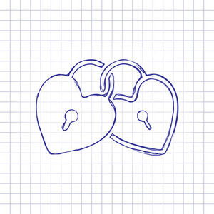 信纸图片大全链接心锁图标. 手绘纸上的图片. 蓝色墨水轮廓素描风格.