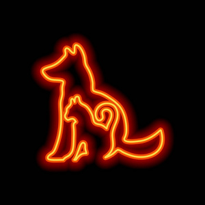 猫和狗图标。 黑色背景上的橙色霓虹灯风格。 灯图标