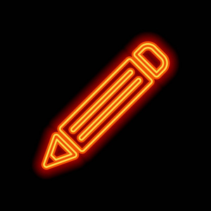 简单的铅笔符号。 黑色背景上的橙色霓虹灯风格。 灯图标