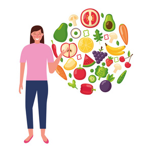 妇女与果子和蔬菜健康食物