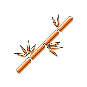 竹枝图标。 由黑色薄轮廓和橙色组成的孤立图标在不同的层上移动填充。 白色背景