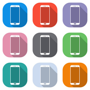 卖手机图标。 用于应用程序的彩色方块上的一组白色图标。 海报的无缝和图案