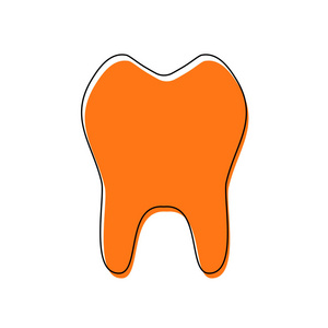 牙齿。 简单的图标。 由黑色薄轮廓和橙色组成的孤立图标在不同的层上移动填充。 白色背景