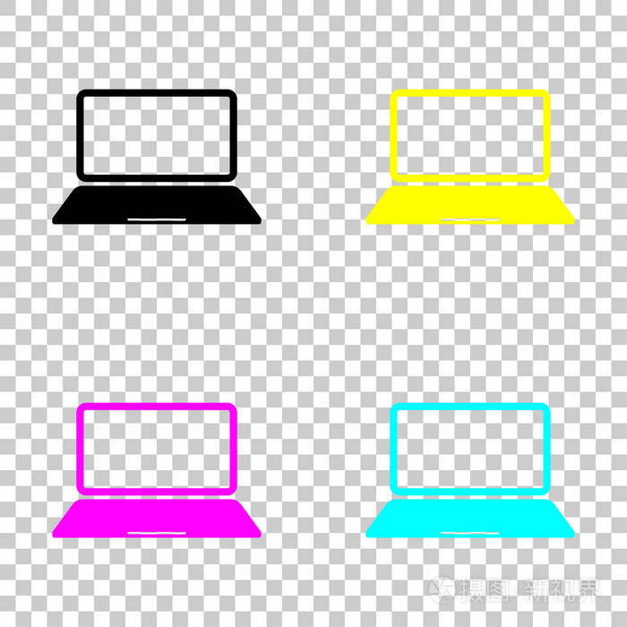 笔记本电脑或笔记本电脑图标。 透明背景上彩色CMYK图标集
