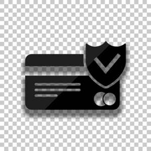 信用卡保护图标。 黑色玻璃图标与软阴影透明背景