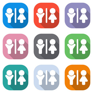 WC图标。 男人和女人的标志。 用于应用程序的彩色方块上的一组白色图标。 海报的无缝和图案