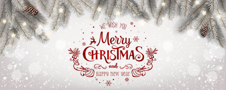 红色圣诞快乐印刷白色雪背景与杉树枝星星松果。 圣诞节和新年主题。 矢量插图