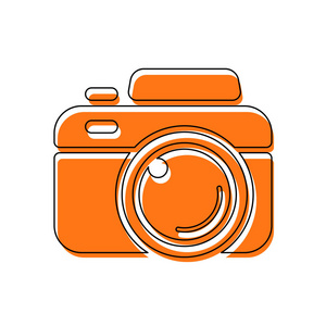 照片相机简单图标。 由黑色薄轮廓和橙色组成的孤立图标在不同的层上移动填充。 白色背景
