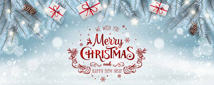 圣诞快乐和新年短信白色的雪背景与银冻冷杉树枝礼品盒松锥雪花。 圣诞节和新年主题。 矢量插图
