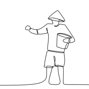 稻田线条一个农民戴着帽子拿着一桶肥料矢量插图的线条图照片