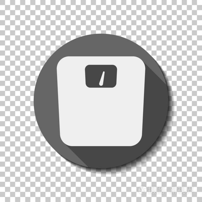 重量的轮廓简单符号白色平面图标与长阴影在透明背景上的圆圈徽章或