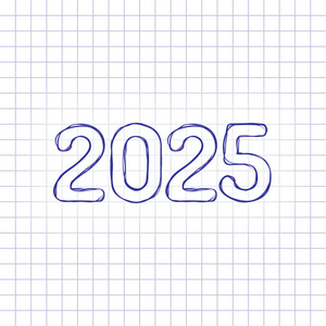 2025年数字图标。 新年快乐。 手绘纸上的图片。 蓝色墨水轮廓素描风格。 格子背景上的涂鸦