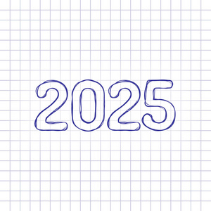 2025年数字图标. 新年快乐. 手绘纸上的图片. 蓝色墨水轮廓素描风格.