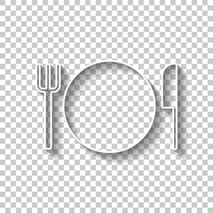 餐具。 板叉和刀图标。 白色轮廓标志，阴影透明背景