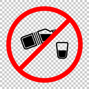 一瓶水和玻璃。 简单的单一图标。 不允许带有透明背景的红色警告标志的黑色物体