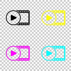 电影带与播放符号在圆圈。 简单的剪影。 透明背景上彩色CMYK图标集