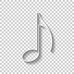 音乐音符图标。 白色轮廓标志，阴影透明背景