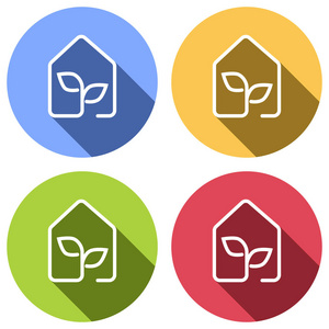 生态房屋图标概念。 一组白色图标，蓝色橙色绿色和红色圆圈上有长阴影。 贴纸样式
